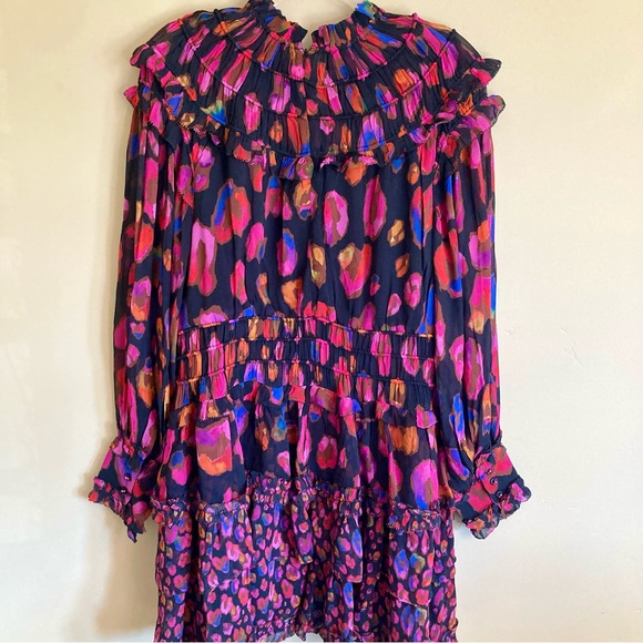 NEW FARM Rio Farm Iridescent Leopards Ruffled Mini Dress Chiffon Black Size L - Picture 10 of 16